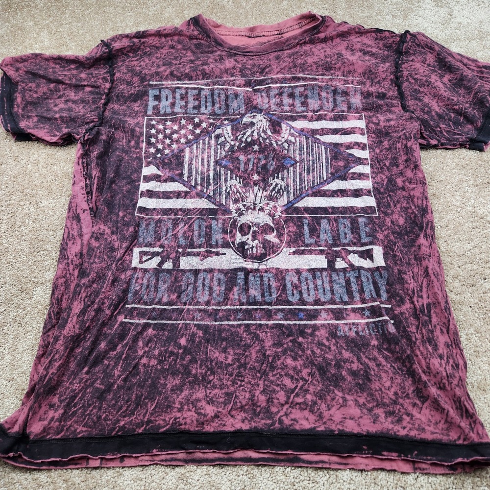 Affliction Freedom Defender Molon L T Shirt Men's Red Black Acid Wash Reversible